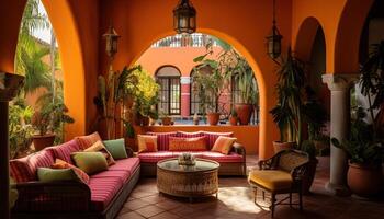 Generative AI illustration of the beauty and richness of a traditional Mexican living room and patio, with bright colors on the walls, cacti, tropical leaves, lanterns, majestic arches, and stairs photo