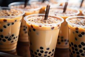illustration of plastic cups of boba milk tea, with bubbles, close-up shot, depth of field, gourmet dessert, blurry background photo