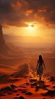 Generative AI illustration of a landscape of mountains far away and desert of sand dunes, sunset piercing cloudy sky. Woman walking alone photo