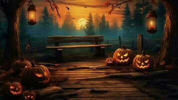 Generative AI illustration of a spooky forest sunset with a haunted evil glowing eyes of Jack O' Lanterns on the left of a wooden bench on a scary halloween night photo