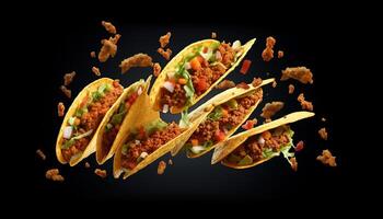 Generative AI illustration of flying tacos for food commercial, blank background photo