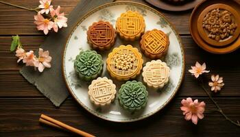 Generative AI illustration of Chinese Mid Autumn Festival moon cakes arranged on a traditional Chinese porcelain plate, set on a rustic wooden table. Flat lay, top down photo