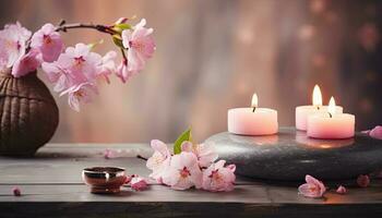 Generative AI illustration of zen relaxation spa. Beauty salon and massage atmosphere. Banner with sakura cherry blossoms, candles and stacked stones. Calm and relaxing atmosphere photo