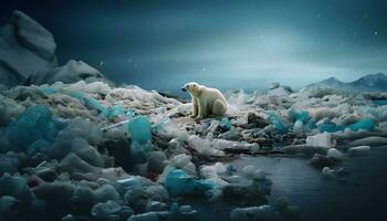 generativo ai ilustración de solitario blanco oso en iceberg, rodeado por basura y el plastico botellas flotante en agua foto