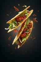 Generative AI illustration of flying tacos for food commercial, blank background photo