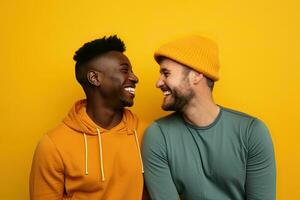 generativo ai ilustración de sonriente Pareja homosexual, lgbt concepto, positivo y alegre. foto