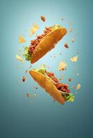 Generative AI illustration of flying tacos for food commercial, blank background photo