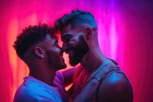 Generative AI illustration of smiling couple gay, LGBT concept, positive and joyful. Neon club color background photo