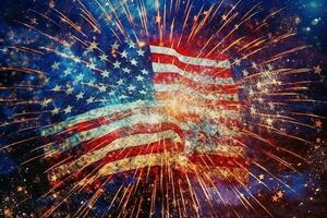 Generative AI illustration of united states of america Flag, usa flag, fireworks and bokeh background. Concept National holidays, Flag Day, Veterans Day, Memorial Day, Independence Day, Patriot Day photo