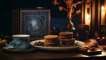 Generative AI illustration of Chinese Mid Autumn Festival moon cakes arranged on a traditional Chinese porcelain plate, set on a rustic wooden table photo