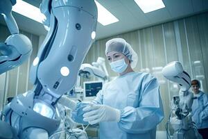 illustration of the high tech future, robots will operate on patients in a fantasy world photo