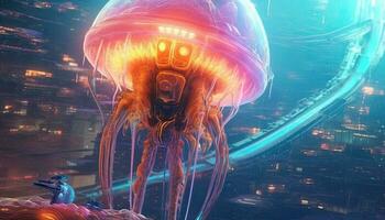 Generative AI illustration of an upside down melting alien cosmonaut floating alongside vibrant opal jellyfish on a futuristic planet photo
