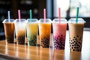 Generative AI illustration of plastic cups of boba milk tea, with bubbles, close-up shot, depth of field, gourmet dessert, blurry background photo