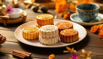 Generative AI illustration of Chinese Mid Autumn Festival moon cakes arranged on a traditional Chinese porcelain plate, set on a rustic wooden table photo