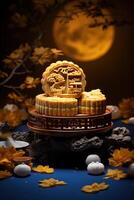 Generative AI illustration of Chinese Mid Autumn Festival moon cakes arranged on a traditional Chinese porcelain plate, set on a rustic wooden table photo