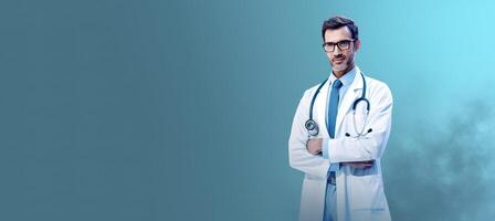 illustration of the medical portrait carries a stethoscope over a blue background, in the style of bokeh panorama photo