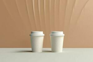 Generative AI illustration of white paper cups of coffee mock up on blank background, two cups in the air dynamically photo