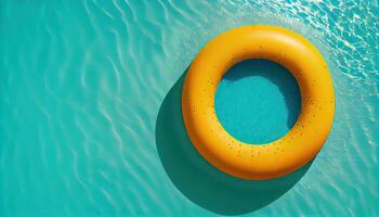 Generative AI illustration of water pool summer background with pool float ring. Summer blue aqua textured background photo