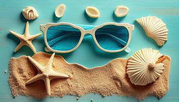 generativo ai ilustración de concha estrella de mar y playa arena en azul de madera antecedentes. verano fiesta bandera. Gafas de sol en centro. parte superior vista, luz de sol foto