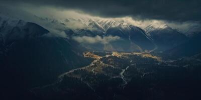 Generative AI illustration of view from sky, snow mountains of dark age, rain, fog, dramatic and stunning landscape, dramatic linear delicacy photo