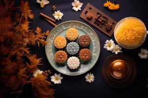 illustration of Chinese Mid Autumn Festival moon cakes arranged on a traditional Chinese porcelain plate, set on a rustic wooden table. Flat lay, top down photo