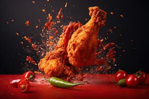 Generative AI illustration of red chili pepper splashing with Fried Chicken on solid color background photo