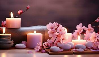 Generative AI illustration of zen relaxation spa. Beauty salon and massage atmosphere. Banner with sakura cherry blossoms, candles and stacked stones. Calm and relaxing atmosphere photo