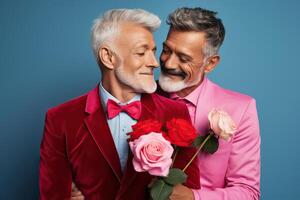 generativo ai ilustración de un casado, mayor gay masculino Pareja abrazo cada otro en un espectáculo de amor y afecto foto