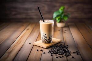 illustration of Taiwan boba milk tea with bubble on wood table photo