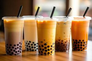 illustration of plastic cups of boba milk tea, with bubbles, close-up shot, depth of field, gourmet dessert, blurry background photo