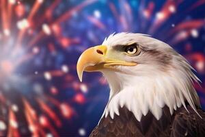 Generative AI illustration of Happy 4th of July wallpaper with an eagle and colors of the United States flag, firework and bokeh photo