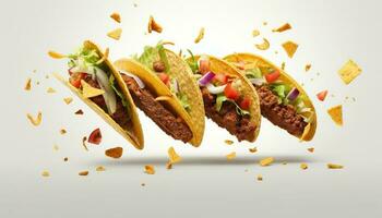 Generative AI illustration of flying tacos for food commercial, blank background photo