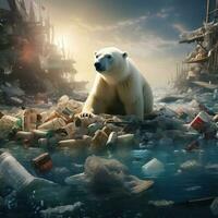 Generative AI illustration of lonely white bear on iceberg, surrounded by garbage and plastic bottles floating on water photo
