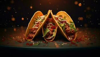 Generative AI illustration of flying tacos for food commercial, blank background photo