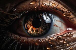 illustration of extreme macro close up photo of brown eye, wet, translucence, back lit