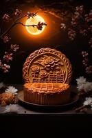 Generative AI illustration of Chinese Mid Autumn Festival moon cakes arranged on a traditional Chinese porcelain plate, set on a rustic wooden table photo