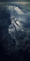 illustration of view from sky, snow mountains of dark age, rain, fog, dramatic and stunning landscape, dramatic linear delicacy photo