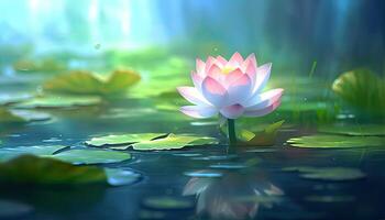 Generative AI illustration of lotus flower in pond, clean background color, misty, illusory photo