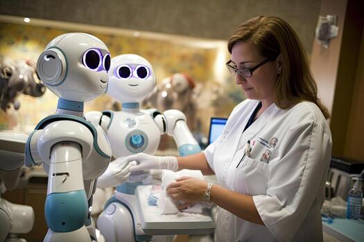 illustration of the high tech future, robots will operate on patients in a fantasy world photo