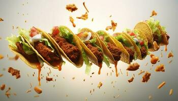 Generative AI illustration of flying tacos for food commercial, blank background photo