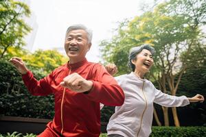 Generative AI illustration of cheerful senior Chinese couple exercising outside photo