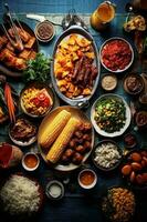 Generative AI illustration of Brazilian food, mouthwatering, colorful, diverse, energetic photo