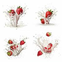 set of strawberry in milk splash on white background, strawberry in milk mockup, yogurt packaging mockup photo