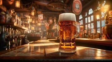 glass of beer on table in bar or pub background, copy space for print, beer images for advertising photo