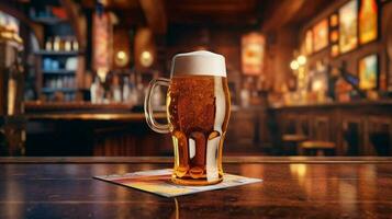 glass of beer on table in bar or pub background, copy space for print, beer images for advertising photo