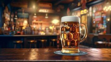glass of beer on table in bar or pub background, copy space for print, beer images for advertising photo