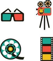 retro cine ilustración. Entradas, palomitas de maiz balde, megáfono, 3d anteojos, claqueta, montaje cinta, vídeo cámara. vector ilustración