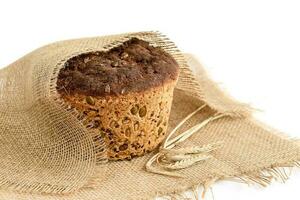 A slice of homemade grain bread on white photo