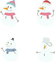 Winter Snowmen. Cheerful snowmen in different costumes. Vector illustration on white isolated background.