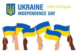 Ukraine Independence Day. Multiracial hands with Ukraine flags. Ukraine Independence Day banner. Illustration, poster, vector